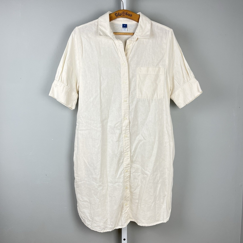 Old Navy Linen Blend Shirt Dress Womens M Ivory Cream Short Sleeve Pockets